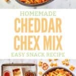 Homemade cheddar Chex mix and the ingredients to make it.