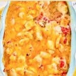 Cheesy chicken Rotel dip in a baking dish.