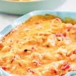Chicken Rotel dip in a ceramic baking dish.
