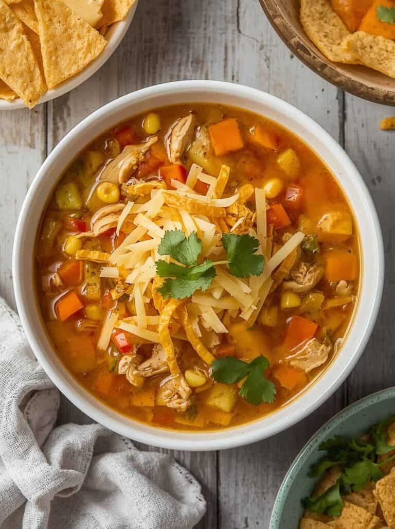 Chicken tortilla soup with veggies.