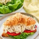 Greek chicken salad croissant sandwich with lettuce and tomato.