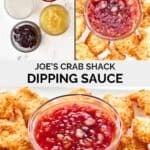 Copycat Joe's Crab Shack dipping sauce ingredients and the sauce served with fried shrimp.