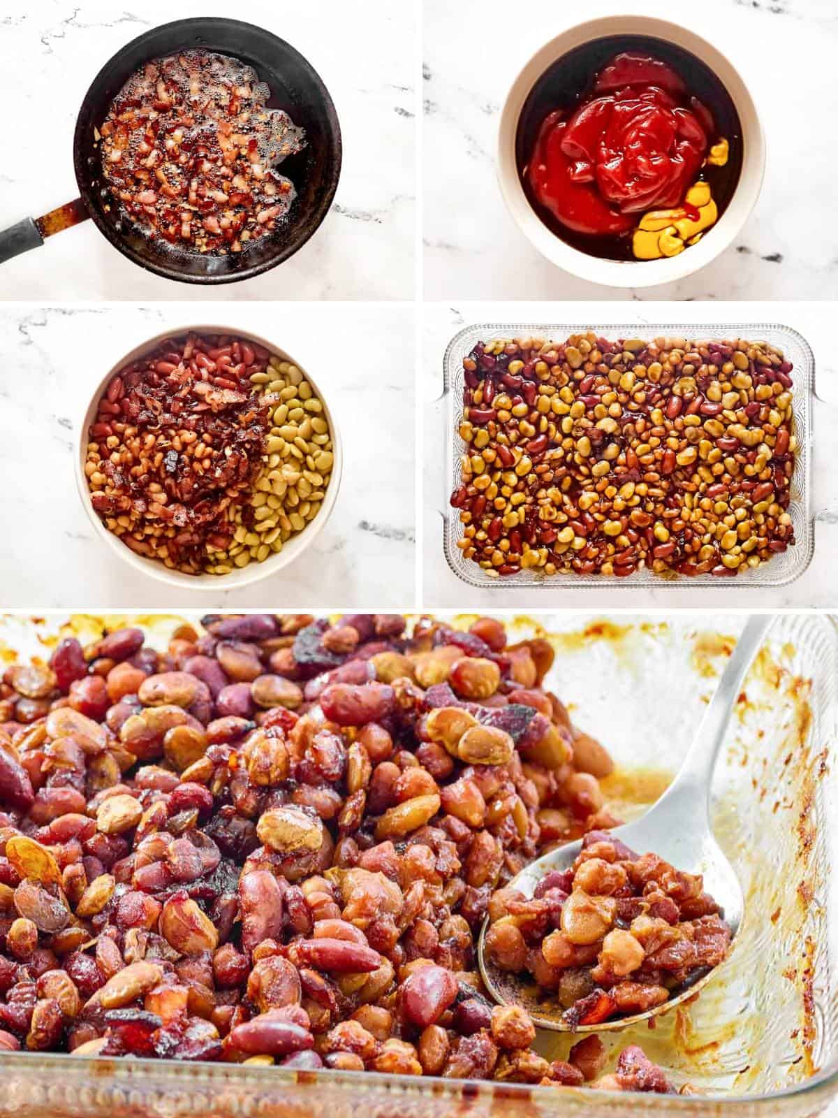 Making a five bean casserole with canned beans, ketchup, molasses, and savory seasonings.