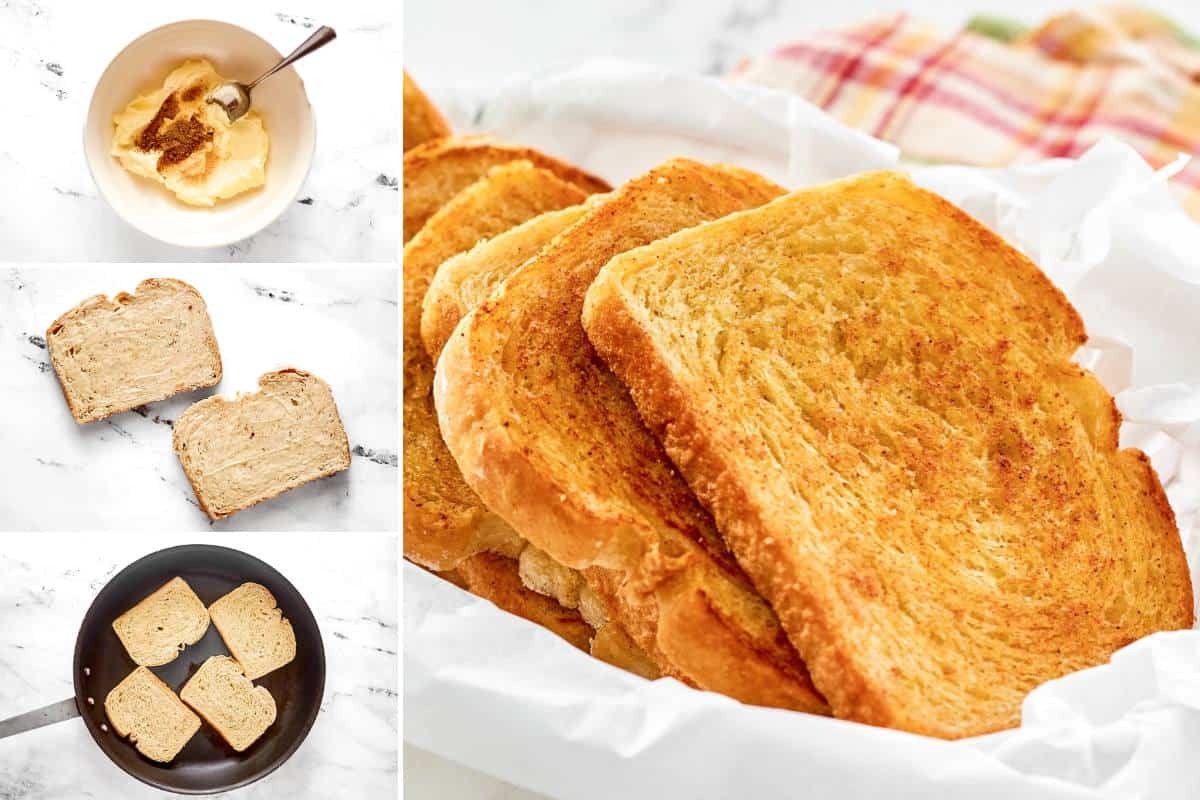 Making seasoned garlic butter and cooking bread slices with it.
