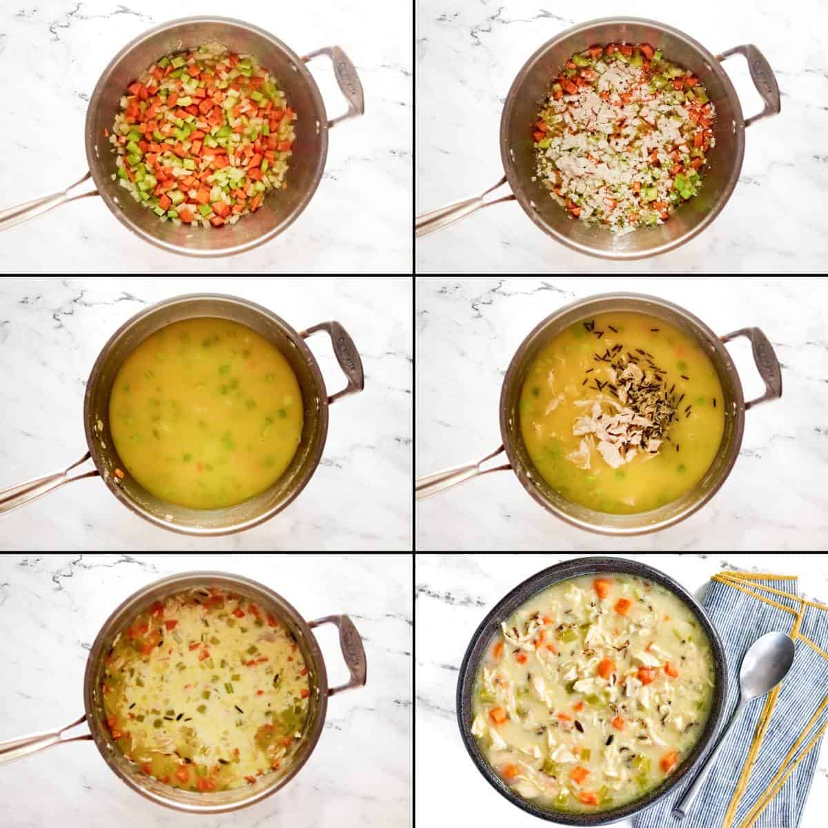 Making creamy soup with chicken, vegetables, and wild rice.