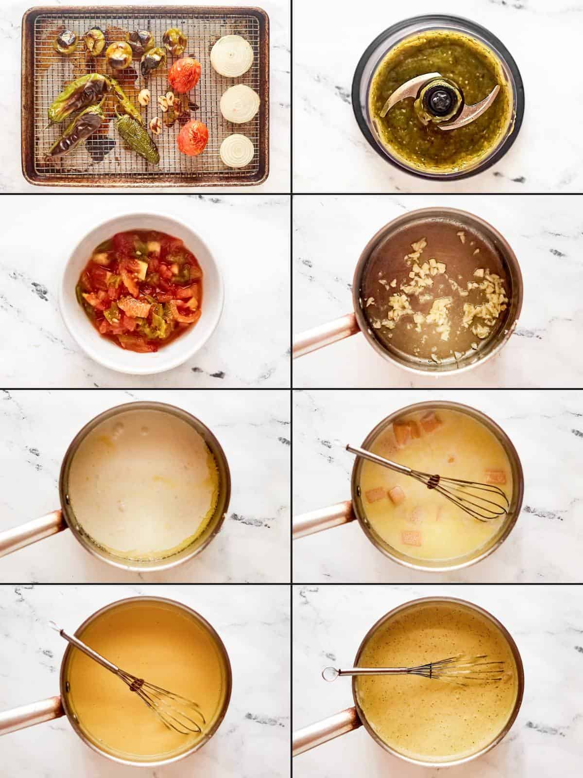 Making queso with roasted green chiles, tomatillos, and garlic.