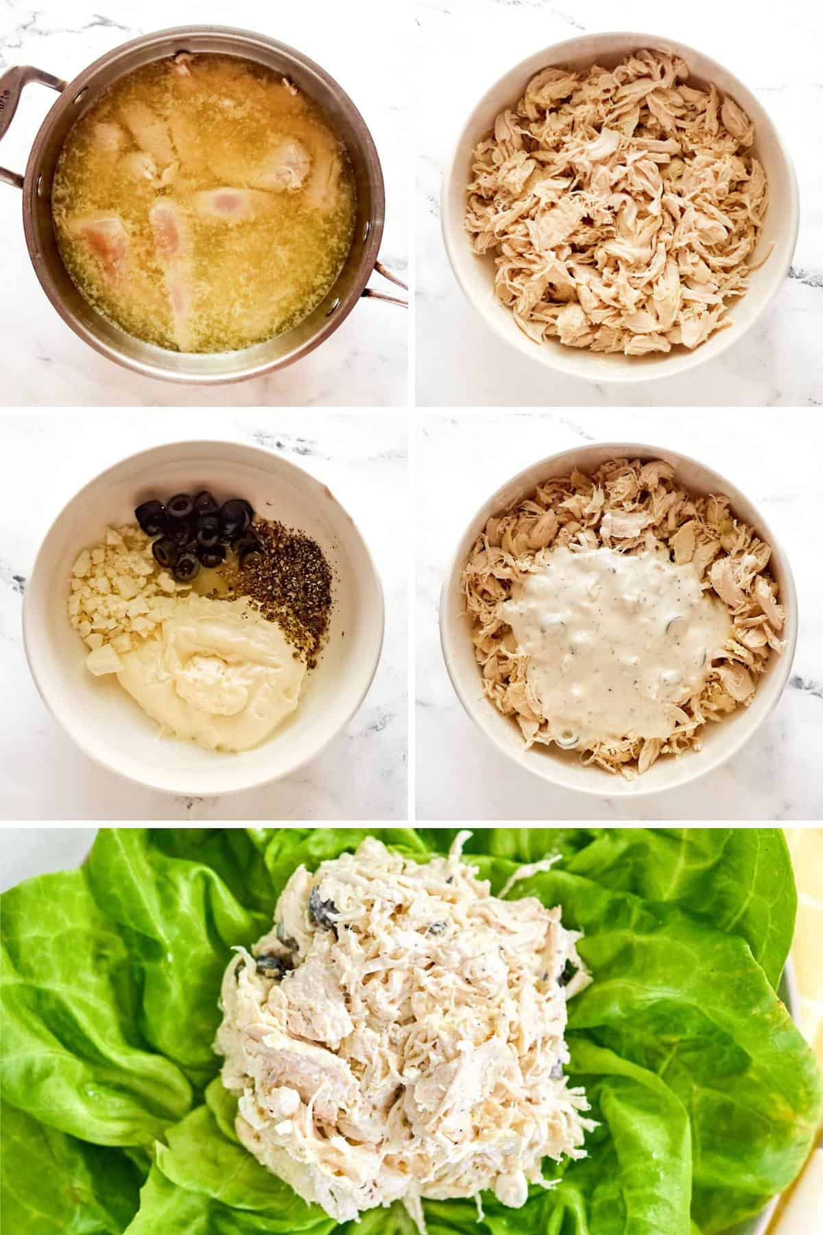 Making shredded chicken, feta, and olive salad with creamy lemon dressing.