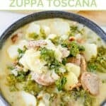 A bowl of copycat Olive Garden zuppa toscana made in a slow cooker.