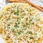 Copycat Old Spaghetti Factory white clam sauce and linguine on a platter.