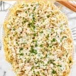 A platter of copycat Old Spaghetti Factory white clam sauce with linguine pasta.