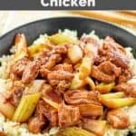 Copycat Panda Express black pepper chicken served with rice in a large bowl.