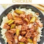 Copycat Panda Express black pepper chicken over steamed white rice.