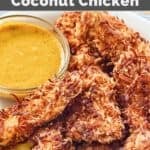 Copycat Rainforest Cafe caribou coconut chicken breast strips and honey mustard sauce.