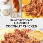 Copycat Rainforest Cafe caribou coconut chicken ingredients and the chicken served with honey mustard.