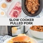 Slow cooker pulled pork ingredients and the pork in a crockpot and sandwich.