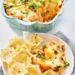 Cheese Texas trash dip on a plate with tortilla chips and in a baking dish.