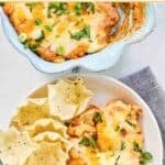 Cheesy Texas trash dip in a baking dish and on a plate with tortilla chips.