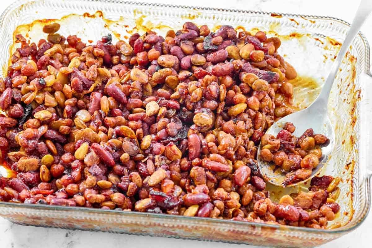 A five bean casserole with bacon and a sweet-savory tomato sauce.