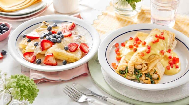 Sweet and savory crepes on a table