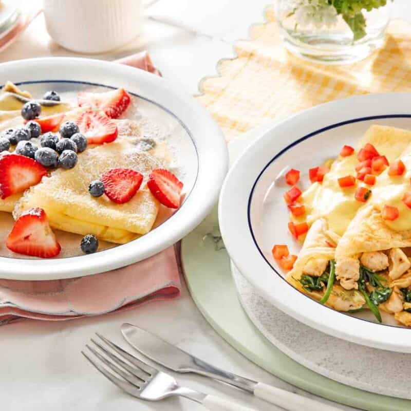Sweet and savory crepes on a table