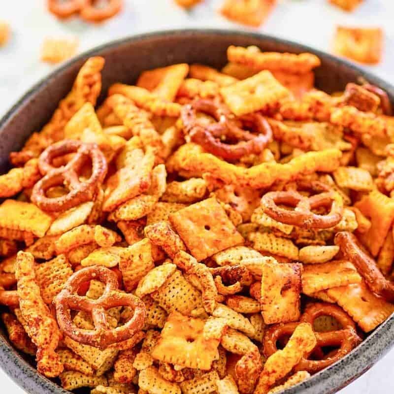 Cheese cracker, pretzel, and cereal snack mix.