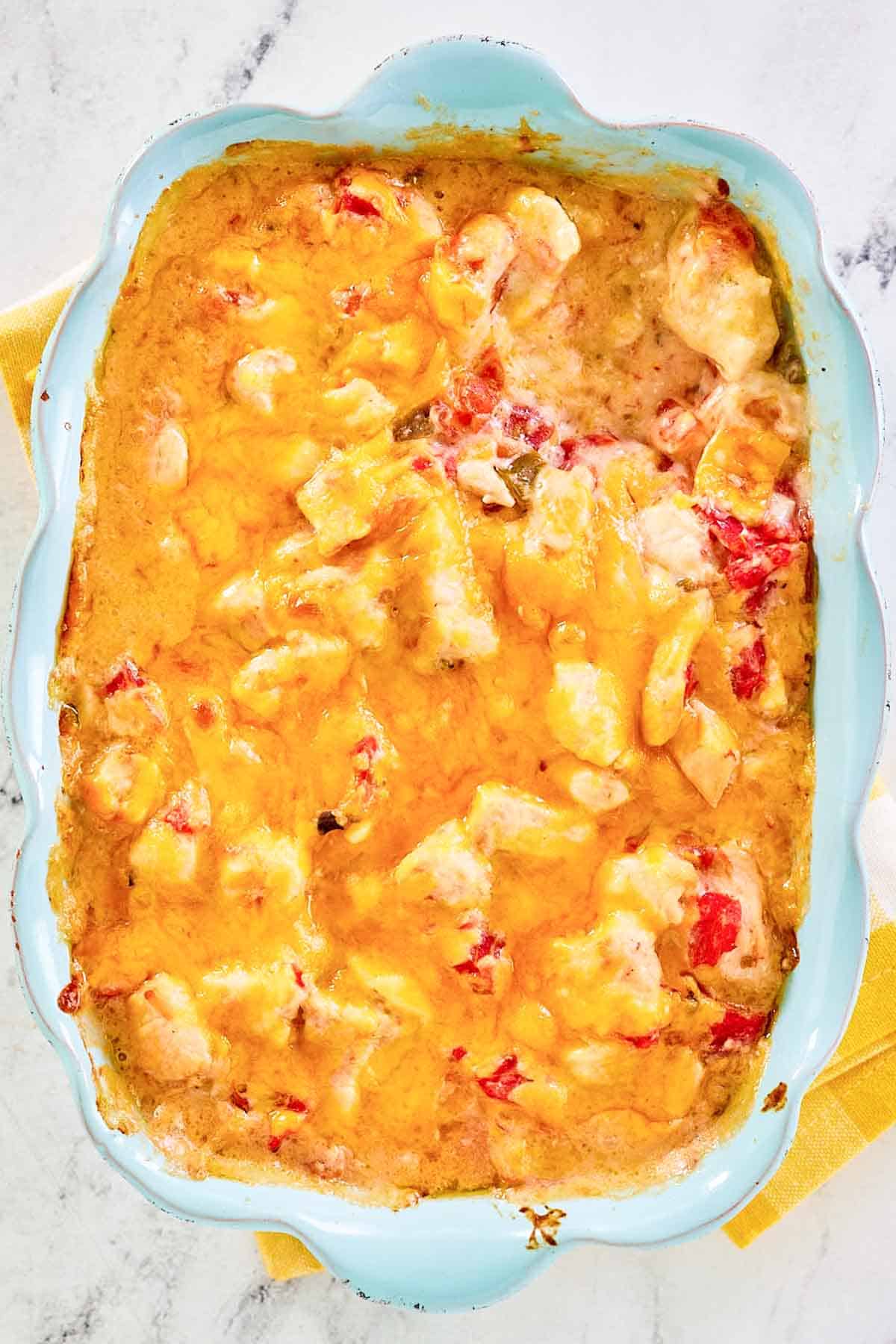 Spicy, creamy, and cheesy chicken dip.