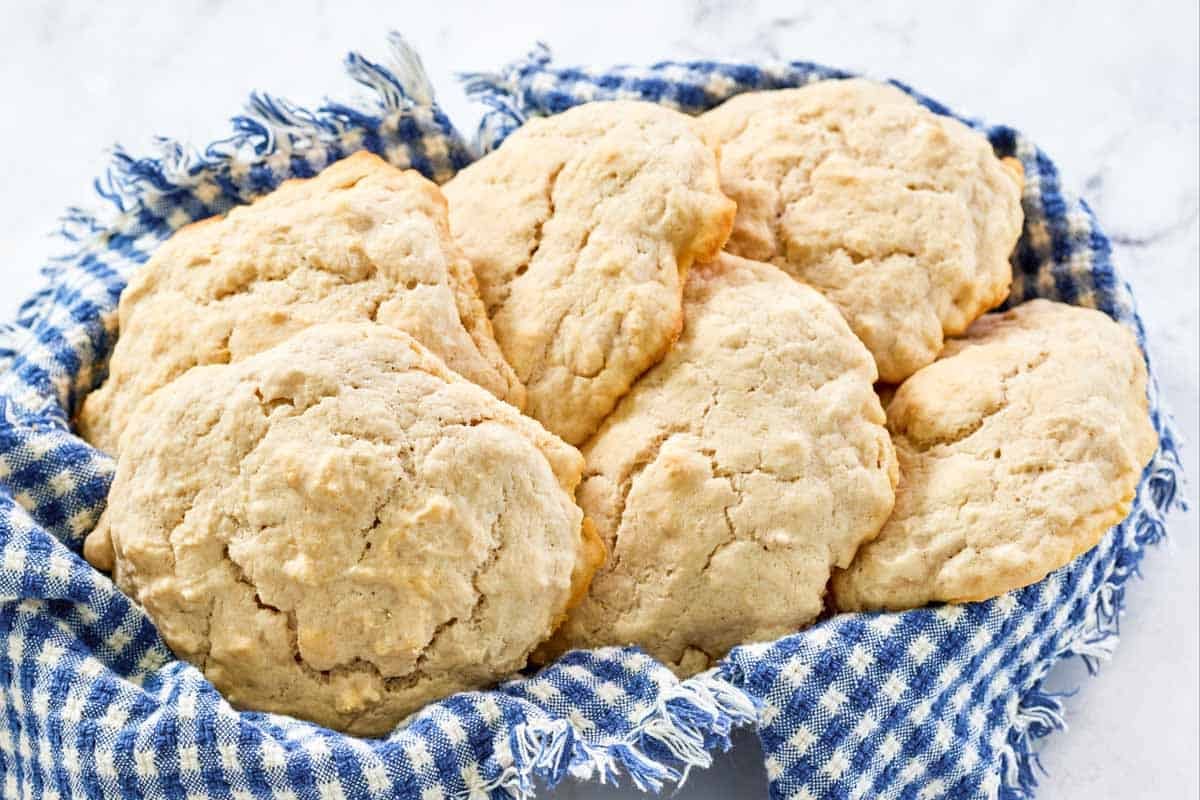 A basket of fluffy drop biscuits baked with beer.