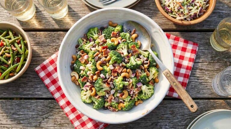 a bowl of creamy broccoli salad on a picnic table