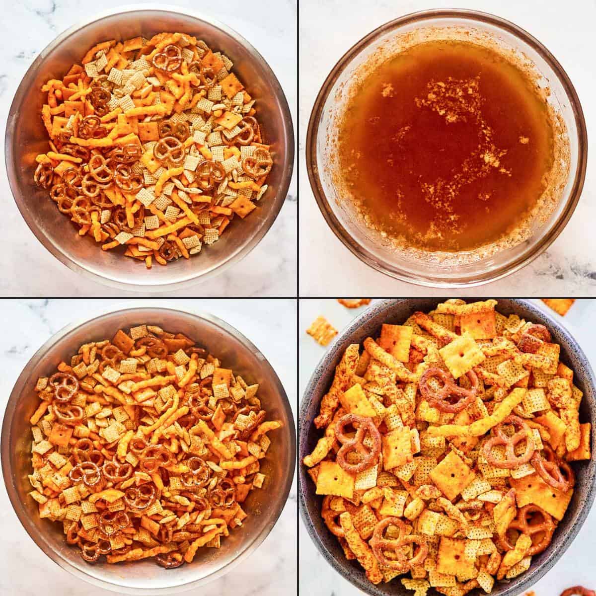Making a cheese flavored crunchy snack mix.