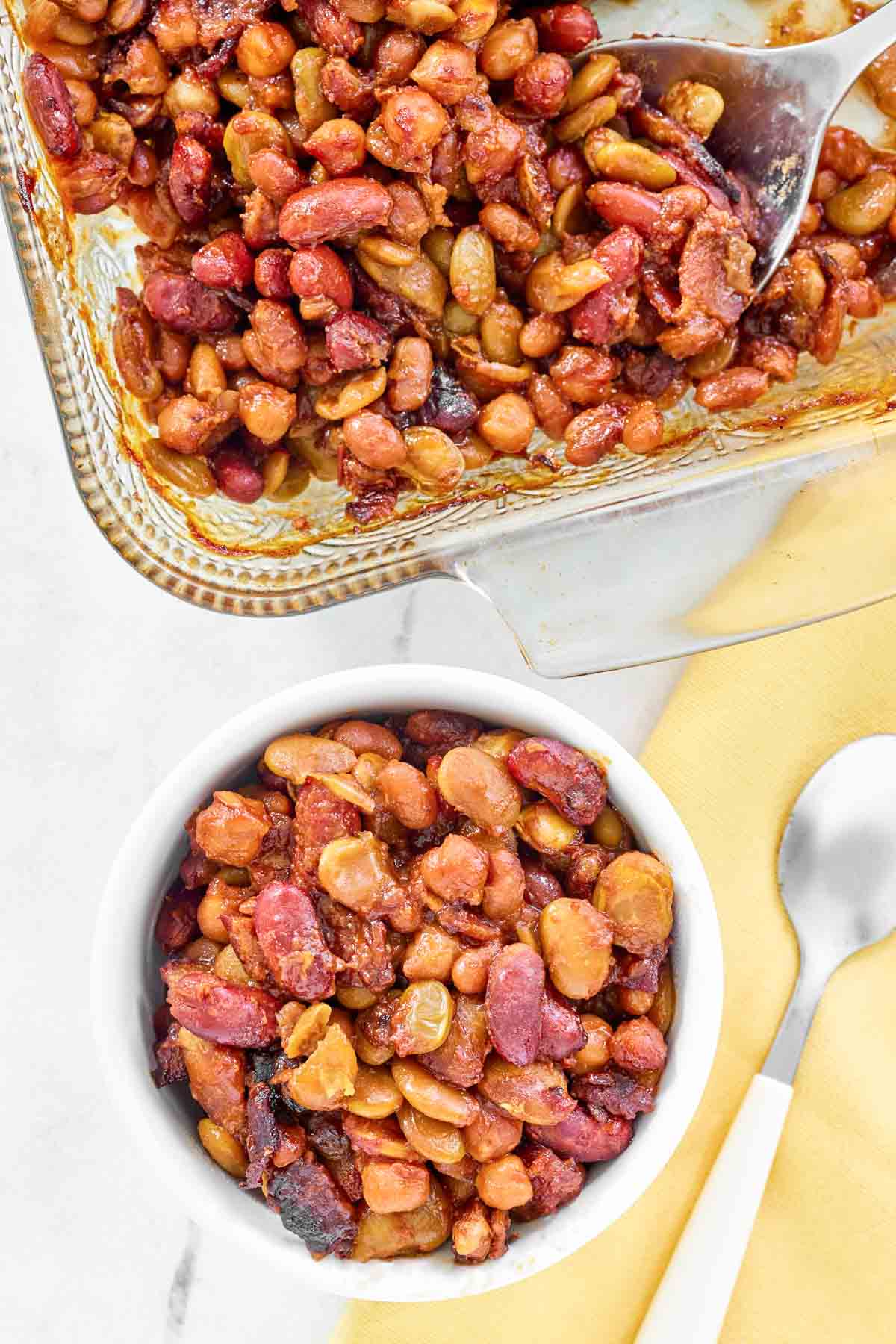 A casserole with five types of beans, bacon, and rich molasses sauce.