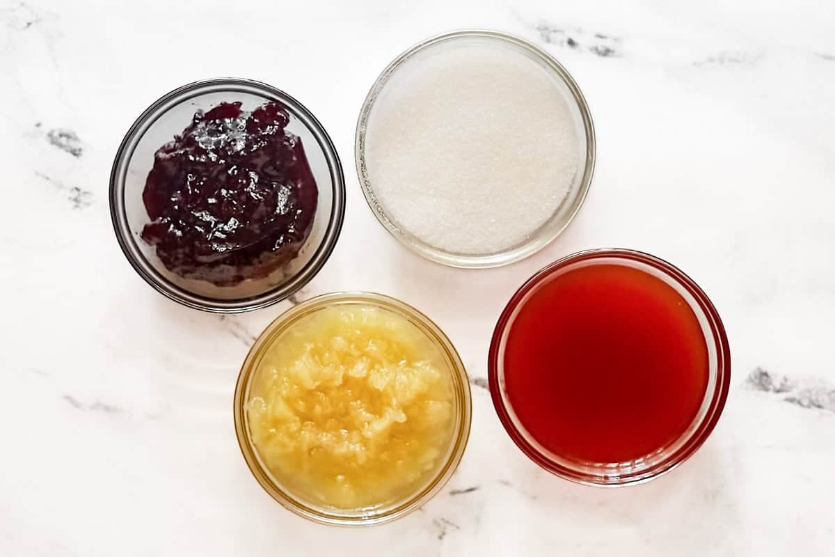 Red plum preserves, crushed pineapple, sugar, and sweet and sour sauce.