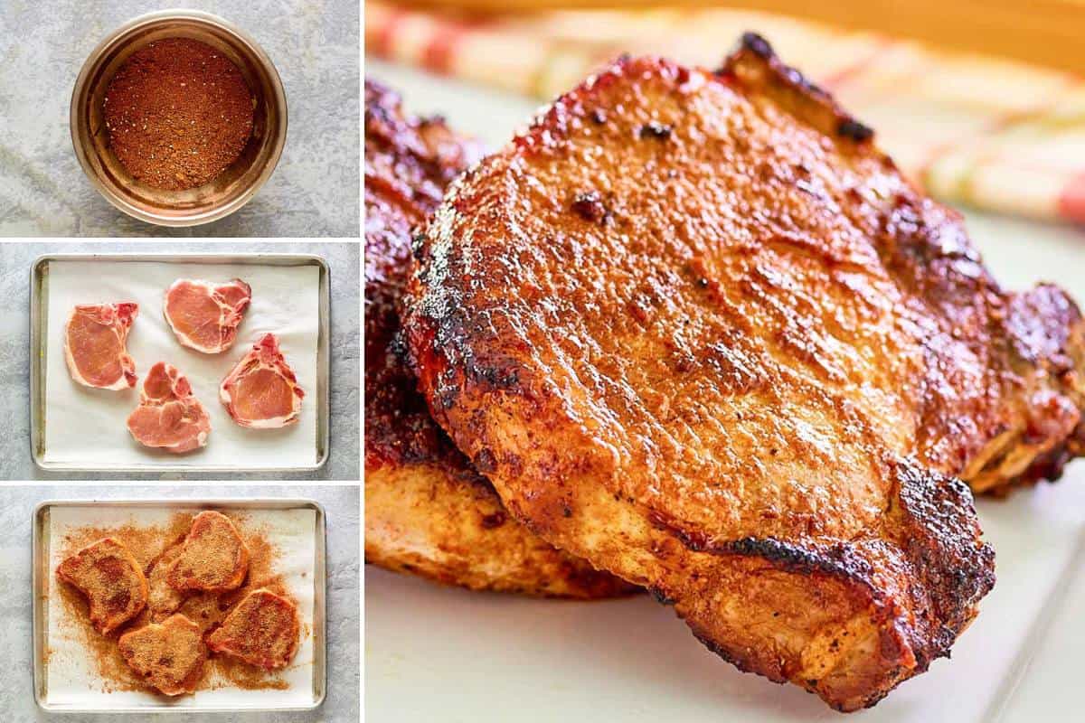 Seasoning and preparing pork chops for air frying and the air fried chops.