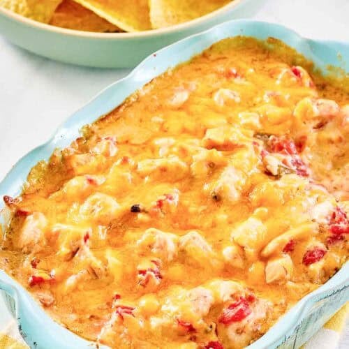 Spicy tomato, green chile, cheese, and chicken dip.