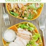 Copycat Applebee's grilled chicken Oriental salad and dressing in two bowl.