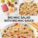 Big Mac salad and Big Mac sauce ingredients and the salad in a large bowl.