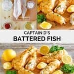 Copycat Captain D's battered fish ingredients and the fried fish on a wooden board.