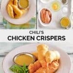 Copycat Chili's chicken crispers ingredients and the fried tenders served with honey mustard sauce.
