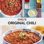 Copycat Chili's original chili ingredients and the chili in a bowl.