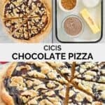 Copycat Cicis chocolate pizza ingredients and the prepared pizza cut into slices.