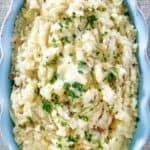 Copycat Cracker Barrel mashed potatoes in a ceramic serving dish.