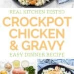 Crockpot chicken and gravy and the ingredients to make it.