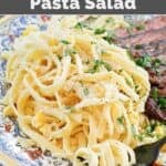 Copycat Souper Salad cold fettuccine salad with corn and parmesan.