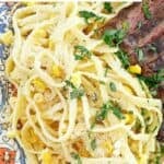 Copycat Souper Salad Fettuccine pasta salad with corn.