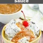 Ice cream topped with copycat Friendly's peanut butter sauce.