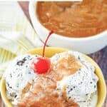 Copycat Friendly's peanut butter sauce in a bowl and on ice cream.