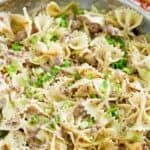 Copycat Hamburger Helper beef stroganoff in a stainless steel skillet.