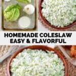 Homemade coleslaw ingredients and the slaw in a wooden bowl.