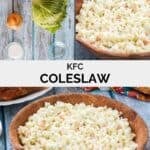 Copycat KFC coleslaw ingredients and the slaw in a wooden bowl.