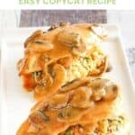 Two copycat Olive Garden stuffed chicken marsala on a platter.