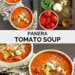 Copycat Panera tomato soup ingredients and the soup in bowls.